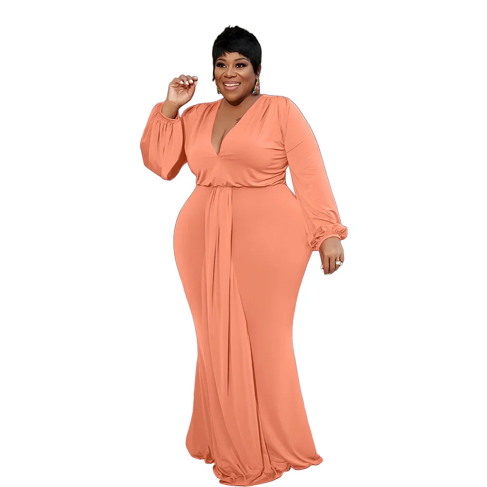 Plus Size Autumn Elegant Clothes Mermaid Maxi Long Dresses Women Solid Color Full Sleeve Dress Whol 3xl 4xl 5xl 6xl