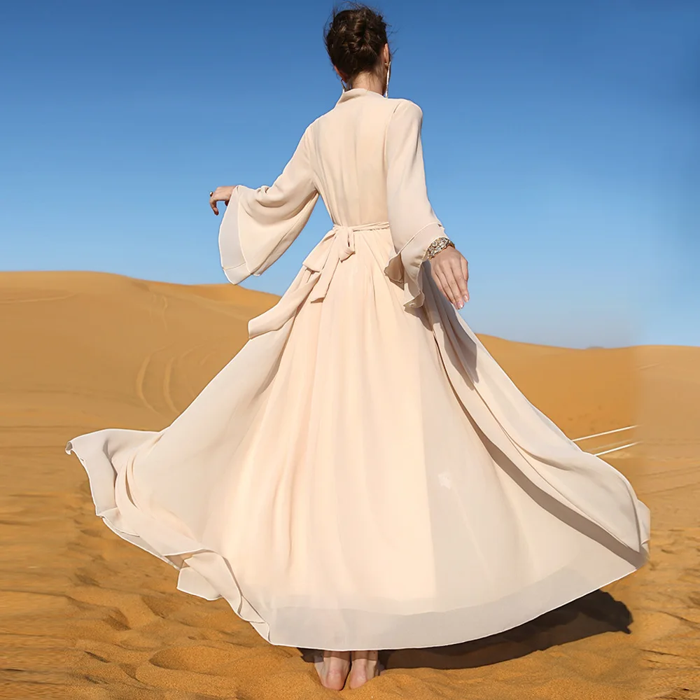 Women's Spring Summer Muslim New Beige Double Embroidery Pearl Chiffon Fashion Dress Travel Party Outer Long Skirt