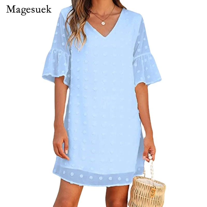 

European and American V-neck Casual Dress 2022 Summer Short Sleeve Chiffon Dress Women Simple Loose Waist Dress Vestidos 21987