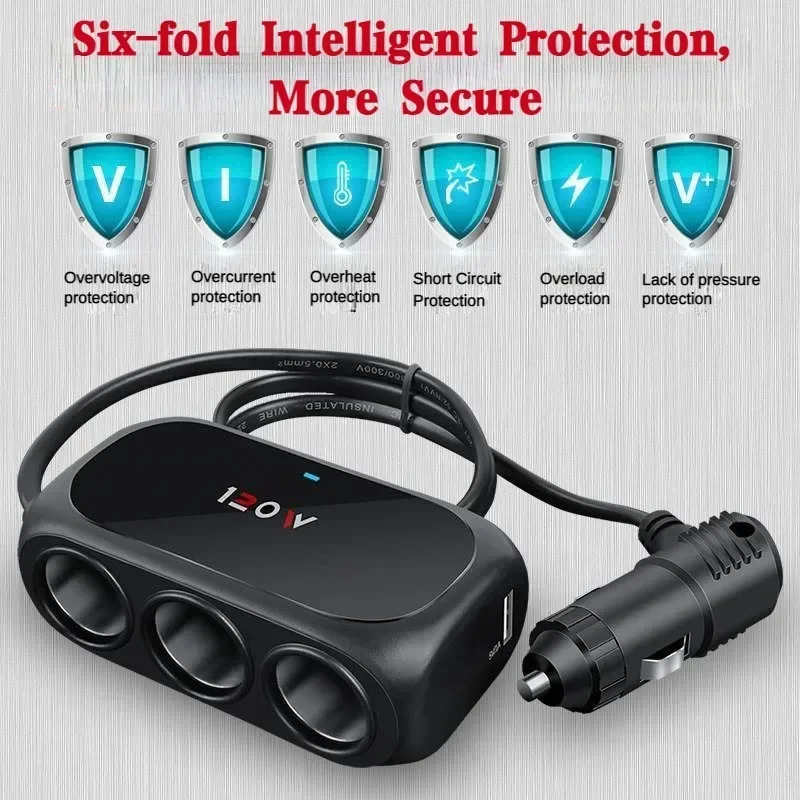 Автомобильный разветвитель прикуривателя с 3 розетками двойной USB светодиодный