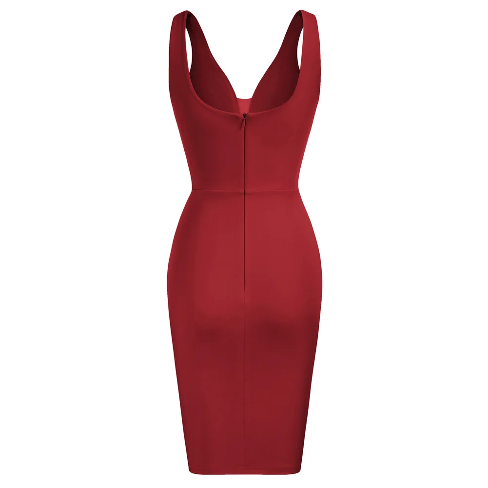 Женское облегающее платье с рюшами без рукавов V-образным вырезом и U-образным