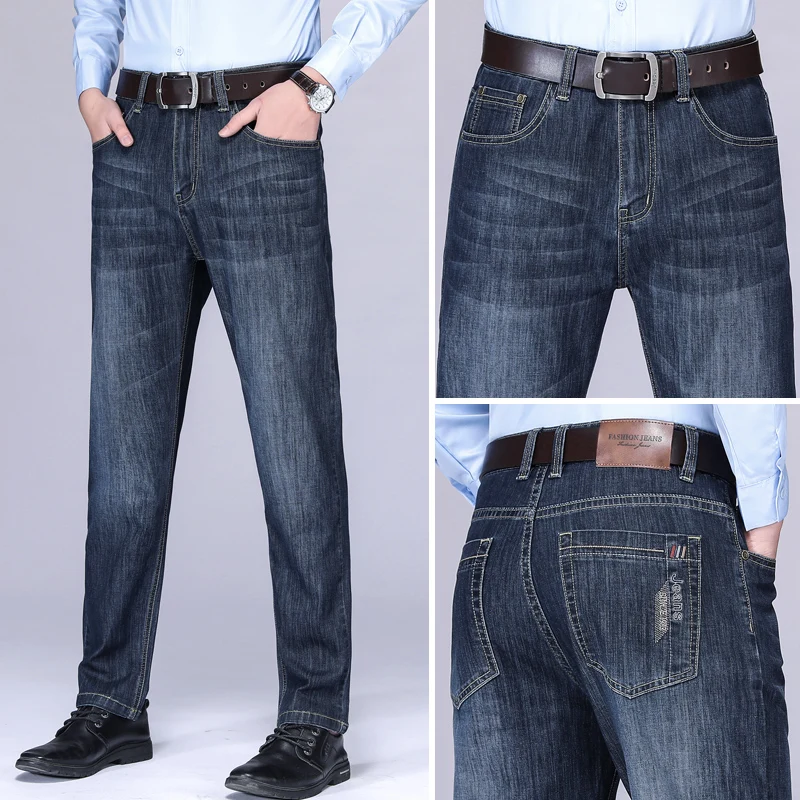 

Brand Men Clothing 2022 New Straight Jeans Thin Classic Business Casual Middle Waist Elasticity Male Slim Denim Trousers