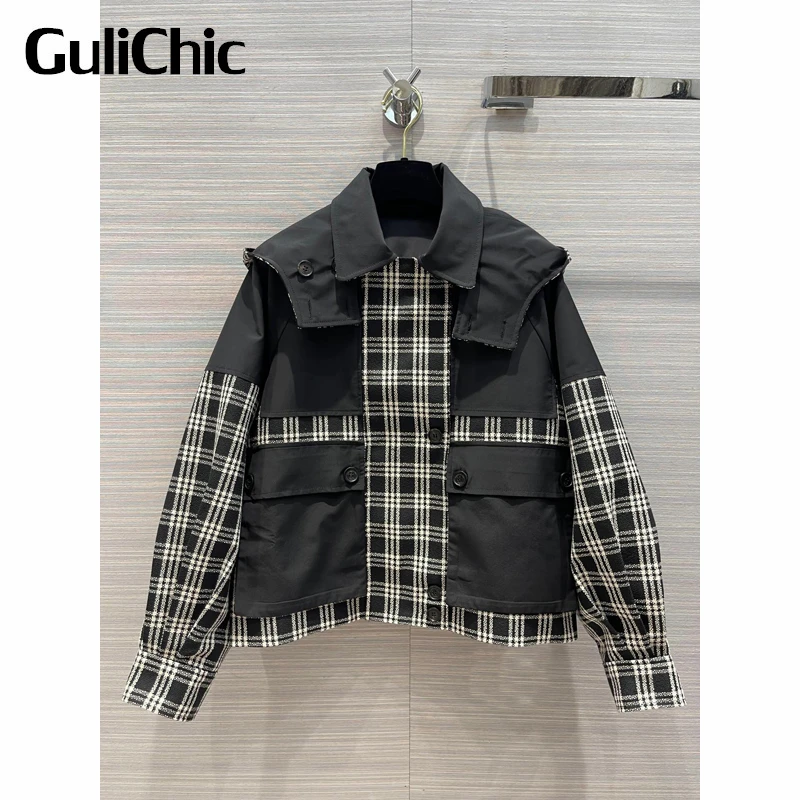 

9.29 GuliChic Women Fashion Plaid Patchwork Tweed Contrast Color Hooded Short Jacket Or With Belt High Waist A-Line Skirt Set