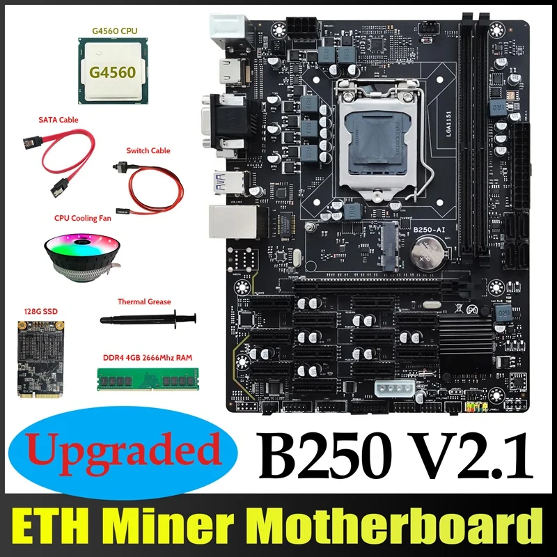 HOT-B250 V2.1 ETH Miner материнская плата 12PCIE + G4560 CPU + DDR4 4 Гб RAM + 128G MSATA SSD + вентилятор + кабель SATA + кабель переключателя + термопаста HOT-B250 V2.1 ETH Miner материнская плата 12PCIE + G4560 CPU + DDR4 4 Гб RAM + 128G MSATA SSD + вентилятор + кабель SATA + кабель переключателя + термопаста