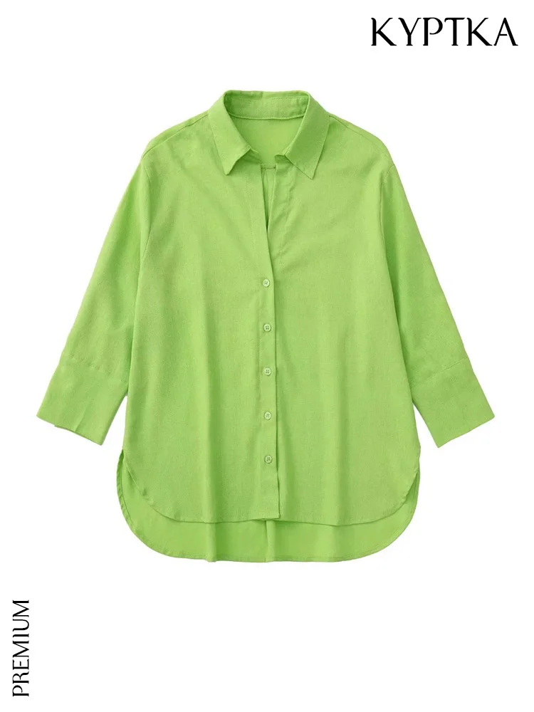 

Женские Модные свободные льняные рубашки KYPTKA, винтажные блузки с длинным рукавом, на пуговицах, с боковыми разрезами, шикарные топы, 2019