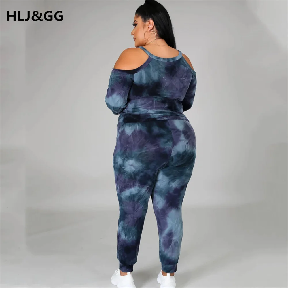 HLJ&GG Tie Dye Off Shoulder Plus Size Sport Casual Suits Sets Women 2Pcs Tracksuit Fashion Long Sleeve T-Shirt+Long Pants L-5XL