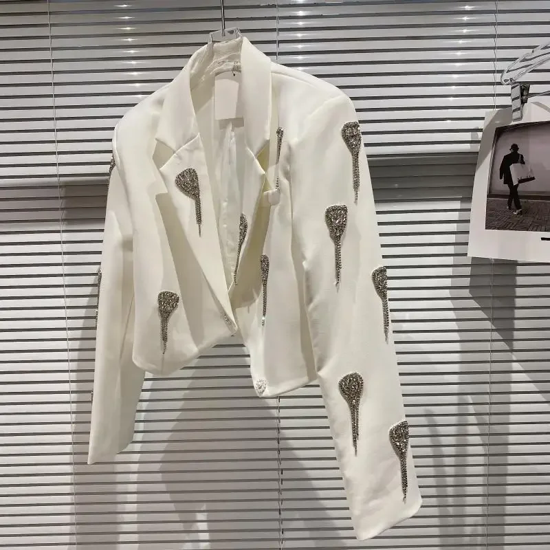 Women's Love Tassel Rhinestone Chain Short Female Blazer Spring New Fashion Pure Color Jacket