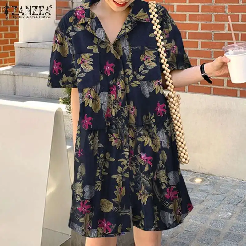 

Women Casual Short Sleeve Lapel Romper Summer Bohemia Jumpsuit ZANZEA Loose Floral Print Playsuit 2022 Baggy Retro Overall Femme