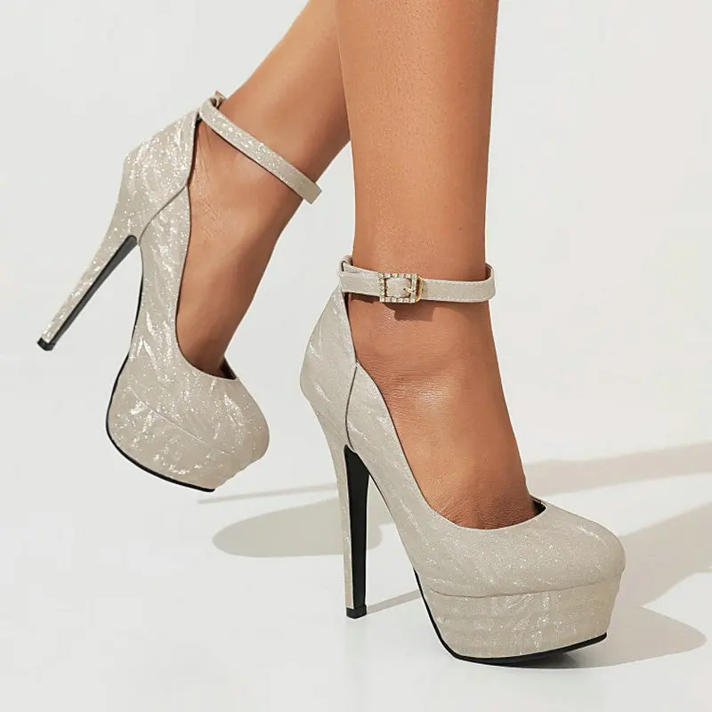 

Glod Silver Glitter Round Toe Platform Heels Sexy Party Wedding Women Bride Pumps Stilettos Ankle Buckle Strap Mary Janes Shoes