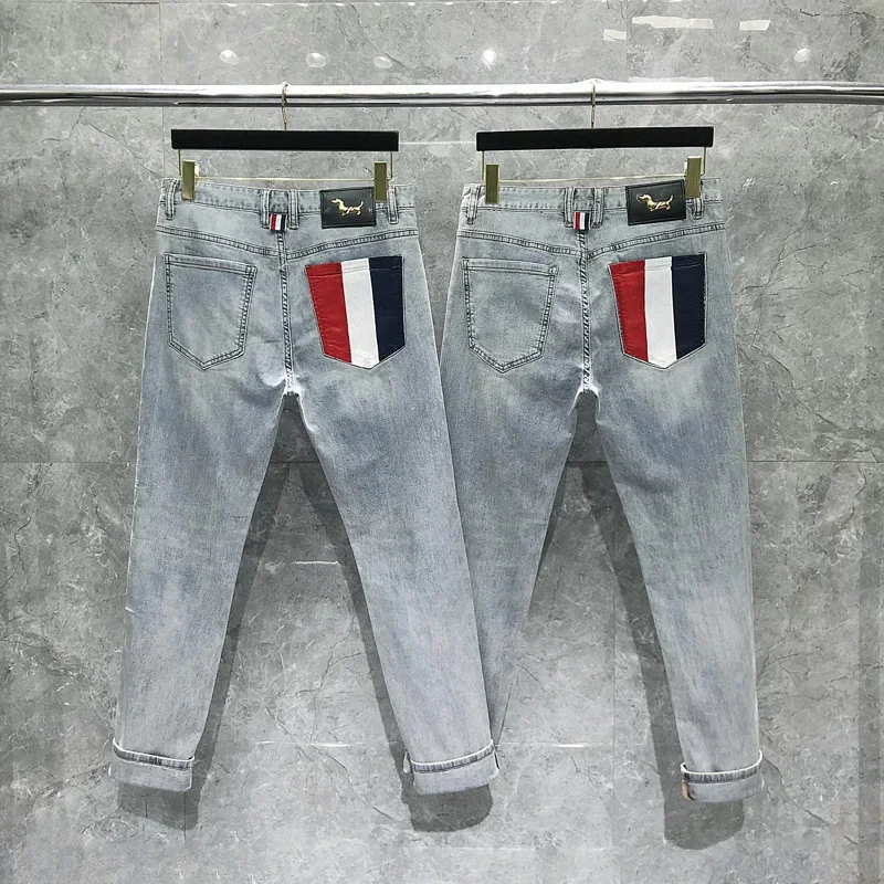 

TB THOM New Men's Jeans Vintage Blue Solid Color Elastic Classic Jeans Back Classic RWB Pockets Design Men Slim Denim Trousers