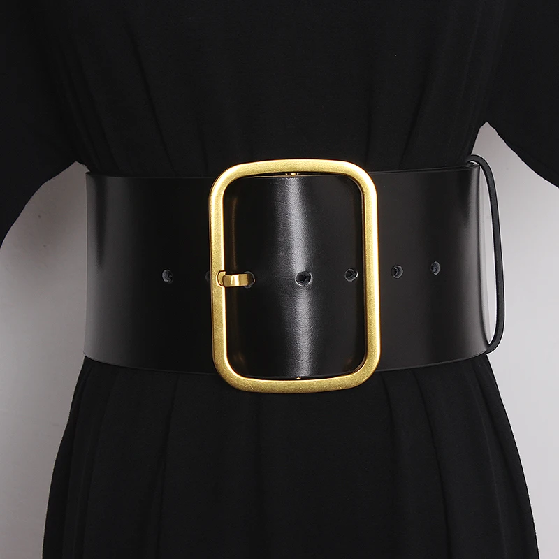 2022 9.5Cm Wide Cowhide Waistband  Metal Buckle Waist Belt Black Plain Genuine Leather Coat Dress Female Cinture Commerbund Belt