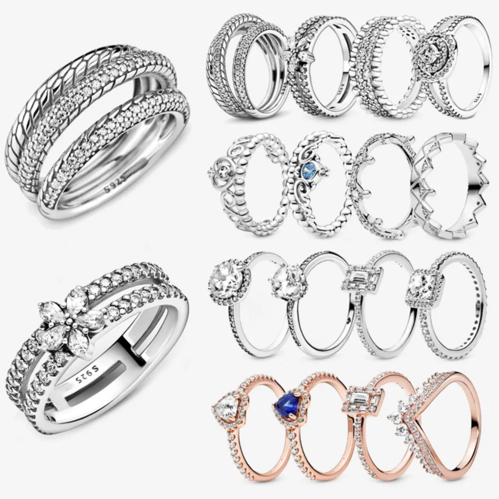 

Trendy 925 Sterling Silver Ring Daisy Flower Sparkling Heart Tiara Crown Rings For Women Engagement Anniversary Jewelry