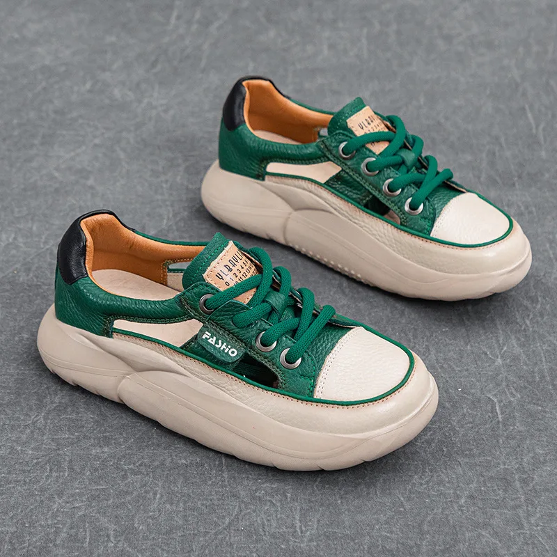 

Сандалии женские кожаные повседневные с круглым носком, универсальные туфли на плоской подошве, дышащие босоножки с вырезами в ретро стиле, лето 2023