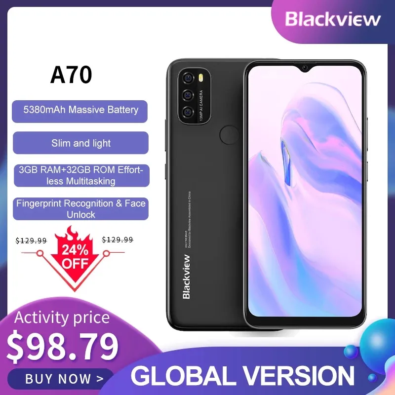 Смартфон Blackview A70 на Android 11 с дисплеем 6,52 дюйма, восьмиядерным процессором, 3 ГБ ОЗУ и 32 ГБ встроенной памяти, аккумулятором 5380 мАч, основной камерой на 13 МП и поддержкой 4G.