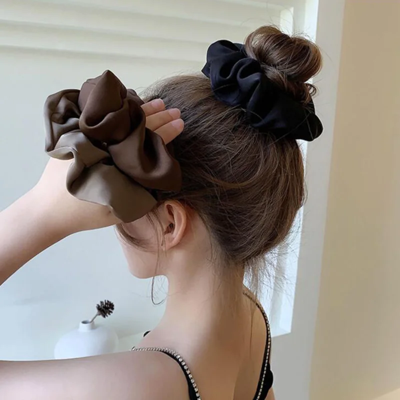 

Elegant Big French Satin Silk Elastic Hair Bands Female Lady Hair Rope Scrunchies Solid Color Ponytail Holder Ties Accessories