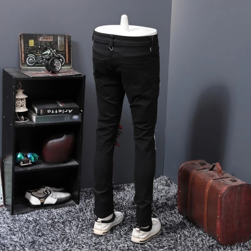 And Europe Station Autumn Winter New Pattern Black Split Joint Holes Patch Jeans Male Beggar Personality PUNK Long Pants Trend