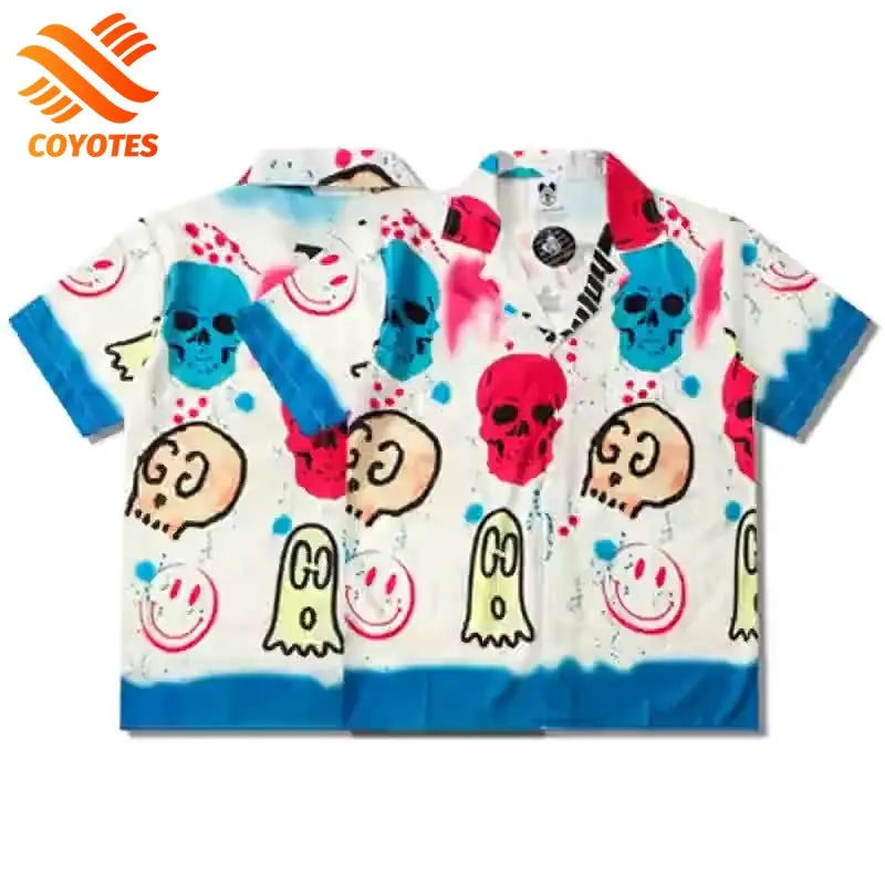 

COYOTES Men's Casual Shirts Funny Skull Print Splash Dyeing Shirt Summer Shorts Sleeve Hawaii Shirt For Man Beach Blouse Hip Hop
