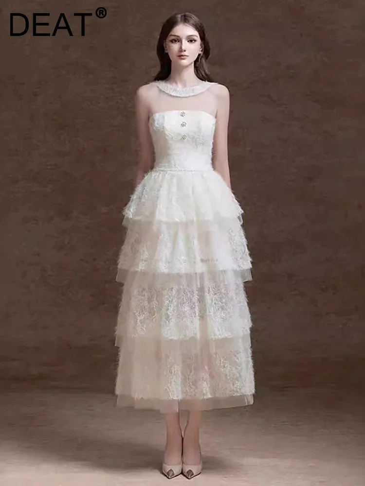 Женское платье без рукавов DEAT элегантное газовое с вышивкой круглым вырезом и