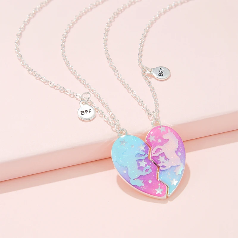 

2Pack Unicorn Glitter Heart Pendant Kids Girls Best Friends BFF Friendship Necklace Jewelry Gift