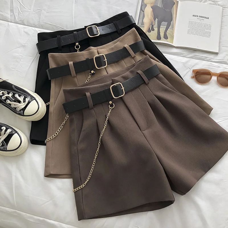 Vintage Wide Leg Shorts Women High Waist Woolen Short Pants with Belt Casual Elegant Summer Pockets Streetwear Chain Office Lady