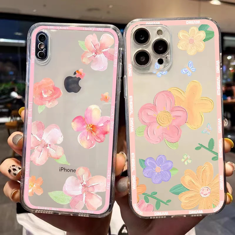 

Oil Painting Colorful Flowers Phone Case For iPhone 13 12 Pro Mini 11 Pro Max X XR XS Max 6 6S 7 8 Plus Carcasa Cover Black