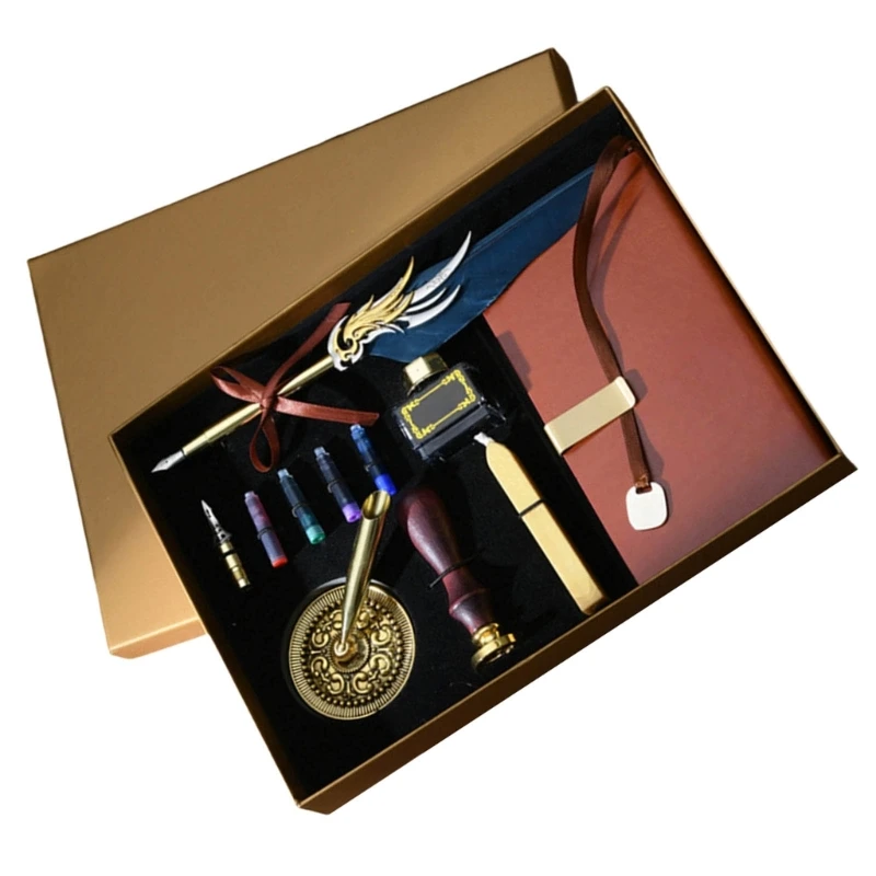 Набор винтажных штампов и перьевых ручек с мешочками чернилами в бутылке