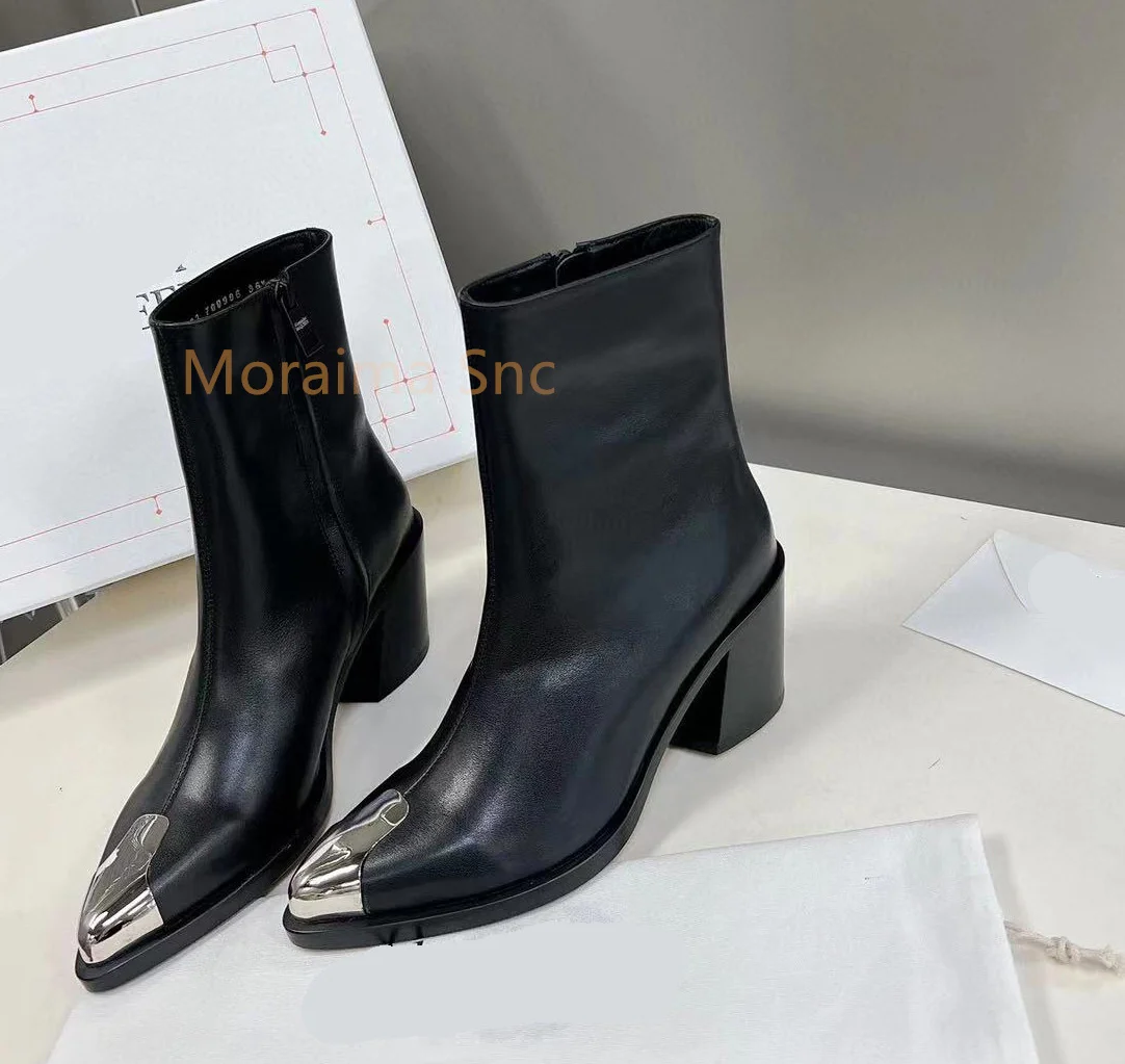 Black Women's Boots Metal Pointed Toe Thick Square Heel Ankle Boots Female British Style Fashion Chelsea Short Boots Side Zipper