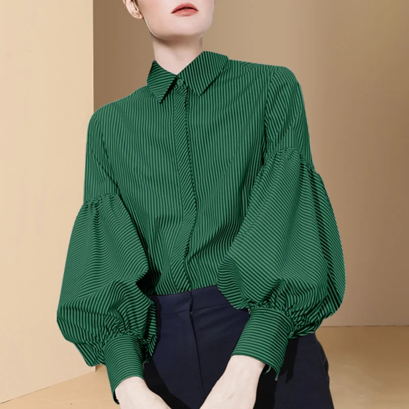 

Vintage Blouse Women 2022 Spring Freach Elegant Fashion Lantern Sleeve Shirt Lady Lapel Loose Striped Tops Green Button Up Shirt