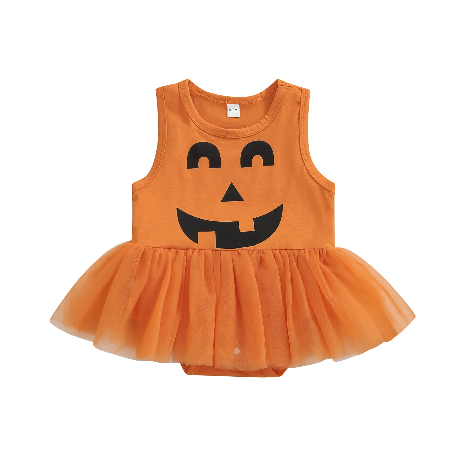 

Toddler Girls Halloween Sleeveless Romper, Grimace Pattern Print Mesh Stitching Dress Style Sweet Princess Bodysuit