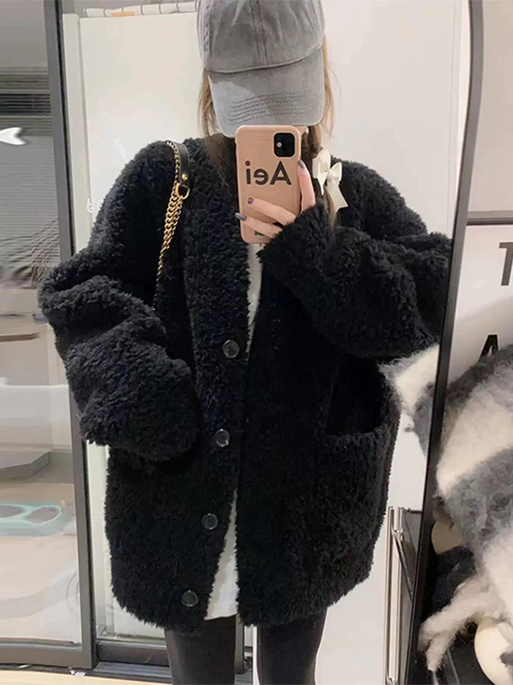 Черное плюшевое пальто с ягненком женское осенне-зимнее Новое поступление 2025