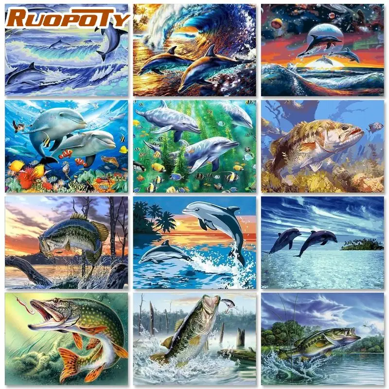 

RUOPOTY Acrylic Diy Painting By Numbers Kits Modern Fish Picture With Numbers Handpainted On Canvas Acrylic Paint For Wall Artwo