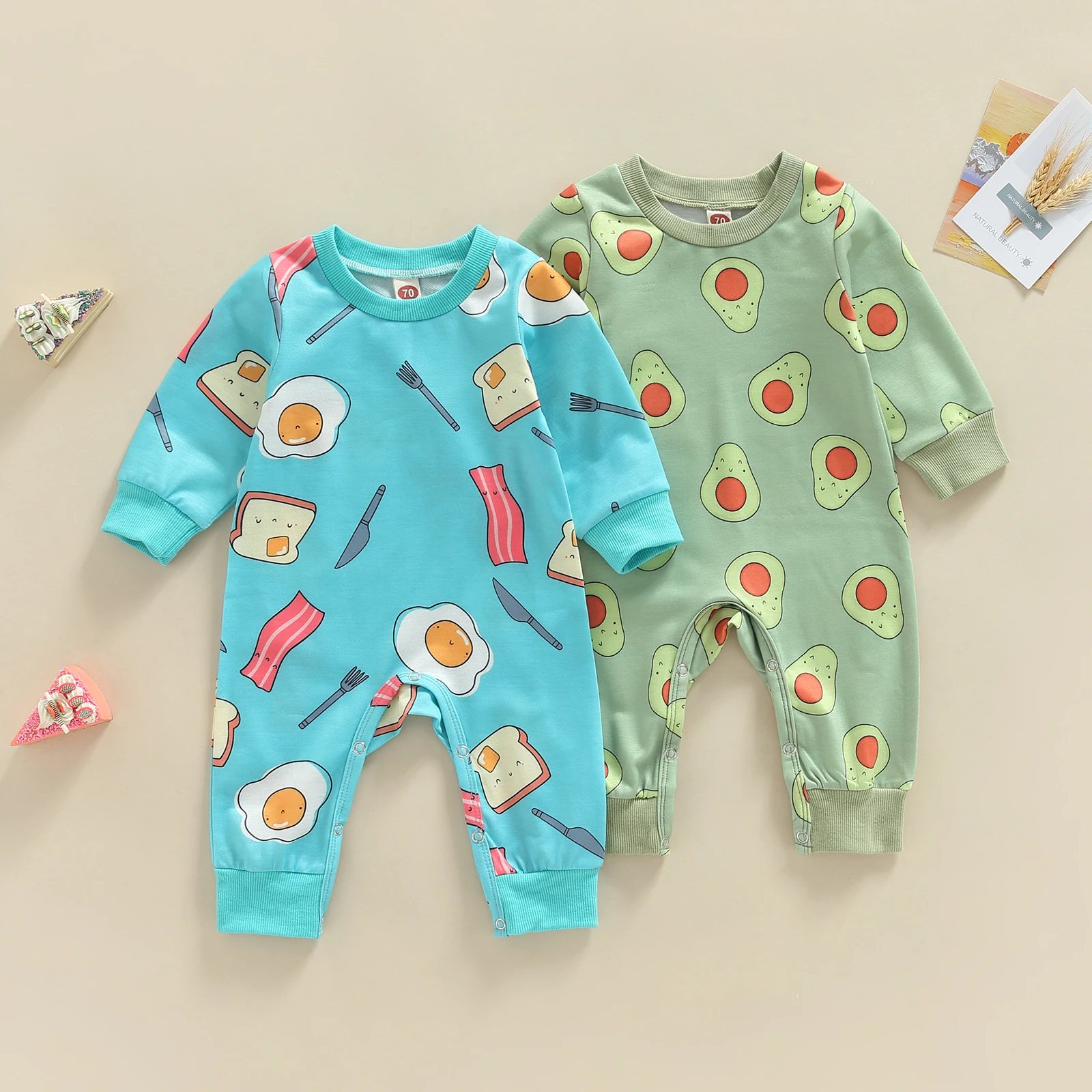

Bmnmsl Infant Baby Spring Autumn Jumpsuit, Cartoon Avocado/Bread Egg Print Long Sleeve Round Neck Romper for Boys Girls