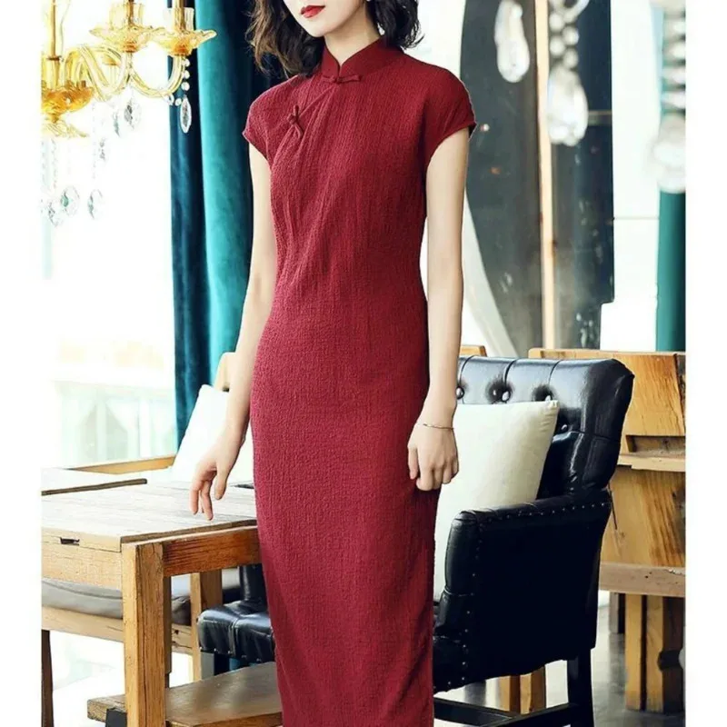Фото 2023, традиционное китайское платье Cheongsam для женщин и девочек, хлопковое льняное платье в стиле ретро, облегающее сексуальное короткое винтажное платье qipao khj №3