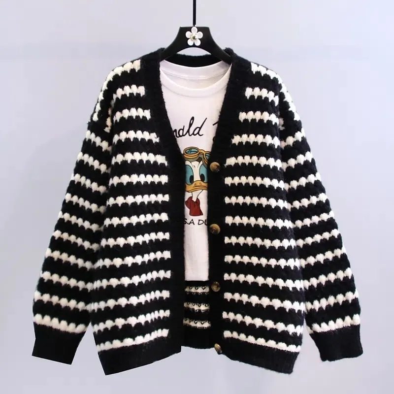 

Retro Japanese Striped Sweater Jacket Women's Autumn Winter 2022 New Loose Single Breasted All-match V-neck Knitted Cardigan Top