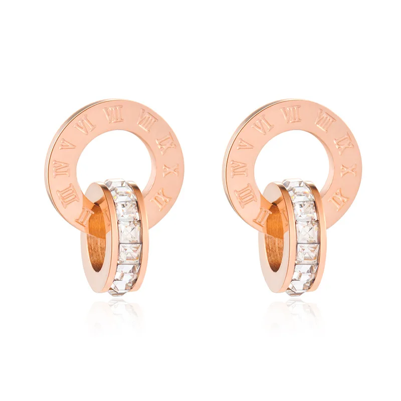 Серьги-гвоздики с кубическим цирконием и римскими цифрами двойные круглые
