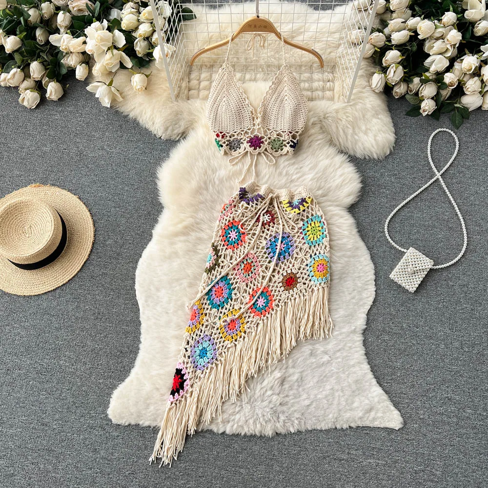 

Богемные вязаные комплекты из двух предметов, Летняя ажурная кофта с цветочным принтом и юбка с кисточками, сексуальный пляжный костюм с юбкой