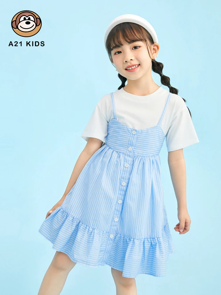 

A21 Girls Dress 2022 Summer New Woven Round Neck Drop Shoulder Short Sleeve Striped A Swing Fake Two-piece Children's Midi Skirt