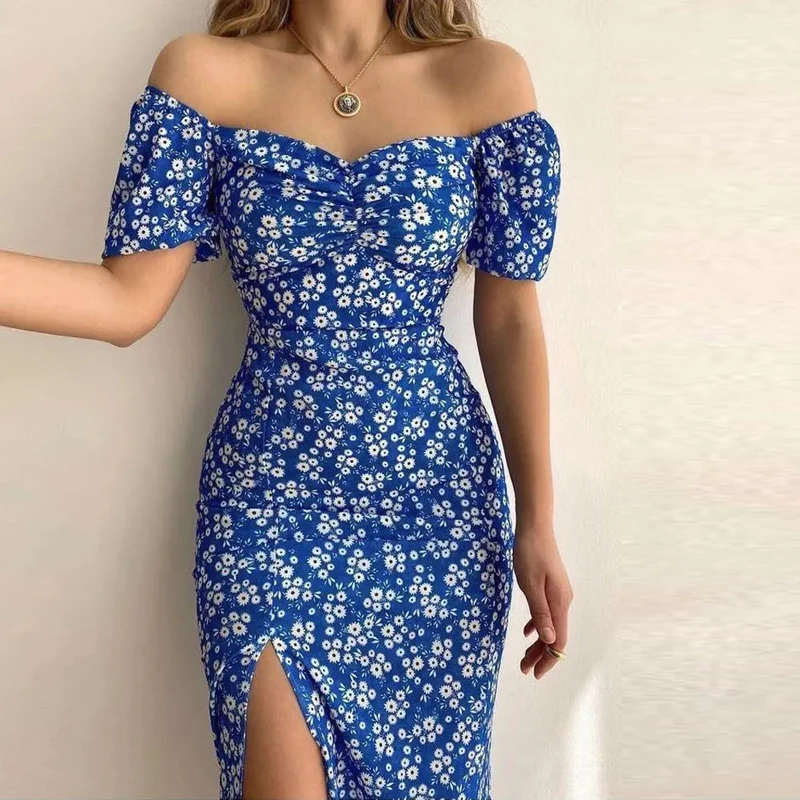 

Short Sleeve Off Shoulder Korea Women Bohemian Beach Casual Dresses Mid-calf Length Elegant Ladies Floral Holiday Dress Clothes