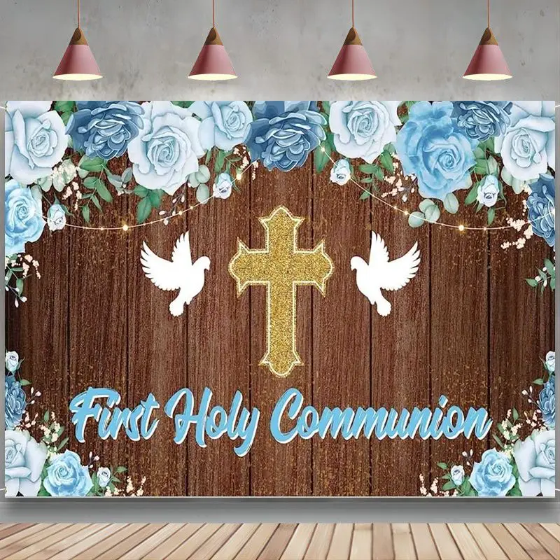 

First Holy Communion Backdrop Banner Blue God Bless Baptism Party Decorations Christening Background Newborn Shower Photography