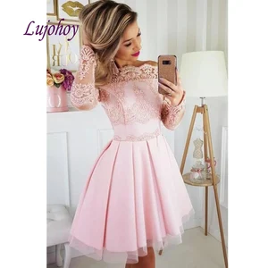 Image for Sexy Pink Long Sleeve Lace Short Cocktail Dress Pa 