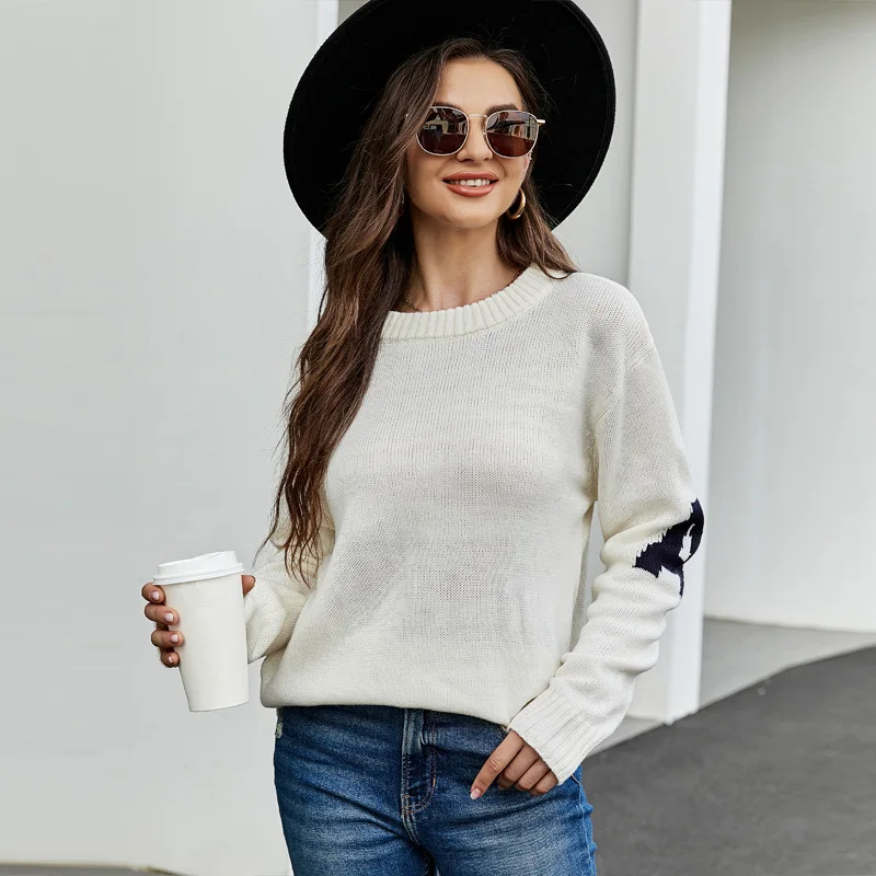 

Solid Color Big Crewneck Knit Sweater For Women White Navy Blue Loose Casual Knitwear Letter Printted Knitted Pullover Top Coat