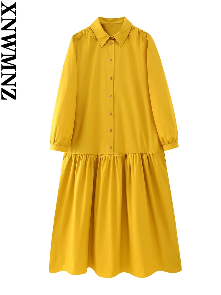 

XNWMNZ 2023 Women Fashion Poplin Midi Dress Woman Retro Lapel Long Sleeve Front Button Female Chic Dresses
