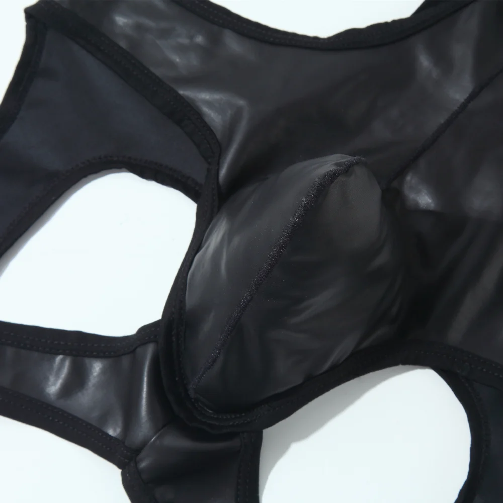 Men's Imitation Patent Leather Wrestling Suit One Piece Suit Beach Corset Back Hollowed Out Briefs Breathable Comfortable