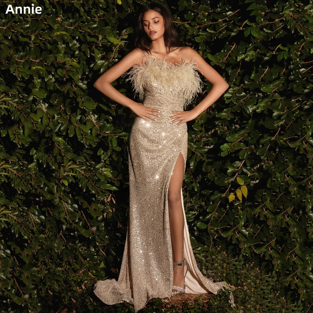 

Annie Champagne Prom Dresses Feather Sequins Formal Occasion Dresses Strapless Side Slits فساتين للحفلات الراقصة