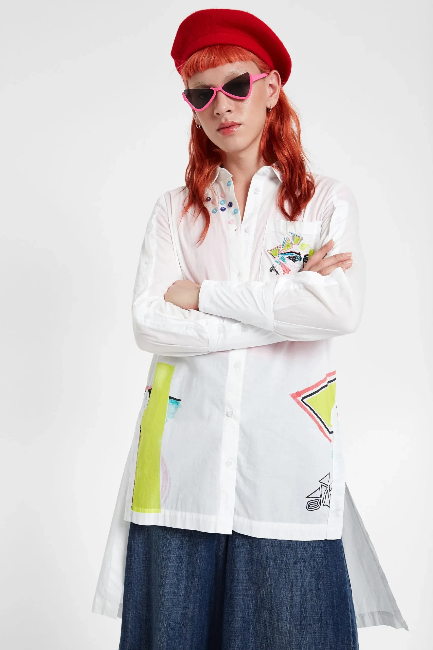 

Foreign trade original single Spanish fashion embroidery printing front short back long ladies shirt