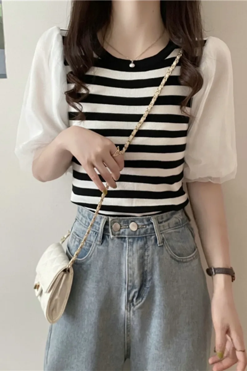 

Ice Cool Silk Spring/Summer Round Neck Bubble Sleeve Striped Top Sweet Half Sleeve Spliced Chiffon Knitted Short Sleeve T-shirt