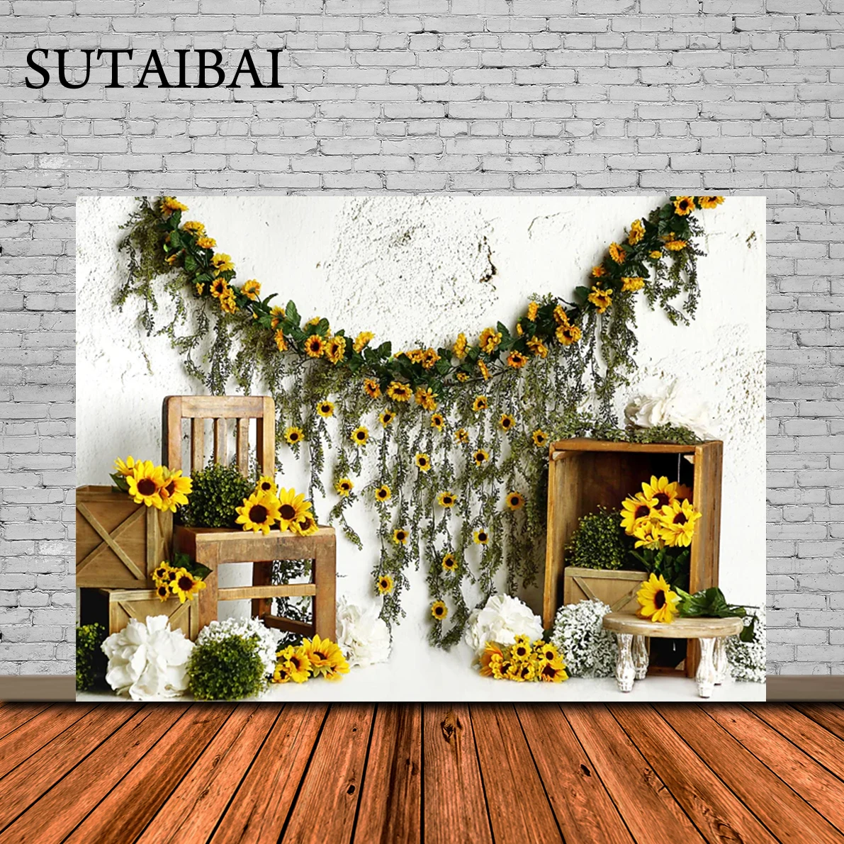 

Spring Sunflowers Wooden Door Backdrops Bee Day Honey Cake Smash 1st Birthday Photographic Studio Photo Backgrounds