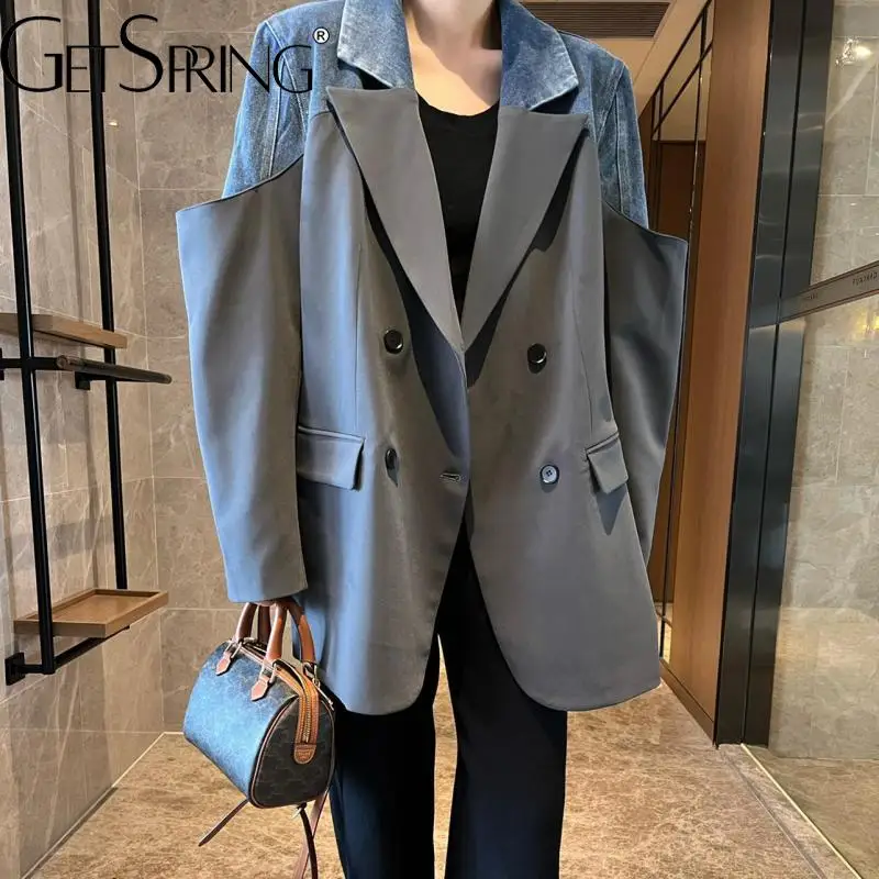 

GetSpring Women Blazer Denim Stitched Double Breasted Full Sleeve Ladies Suit Coat Fake Two Loose Women's Long Suit Jacket 2022