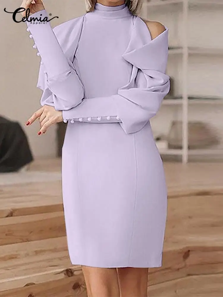 

Celmia Bowknot Puff Long Sleeve Evening Vestidos High Collar Women Party Elegant Short Robe Sexy Off Shoulder Fashion Mini Dress