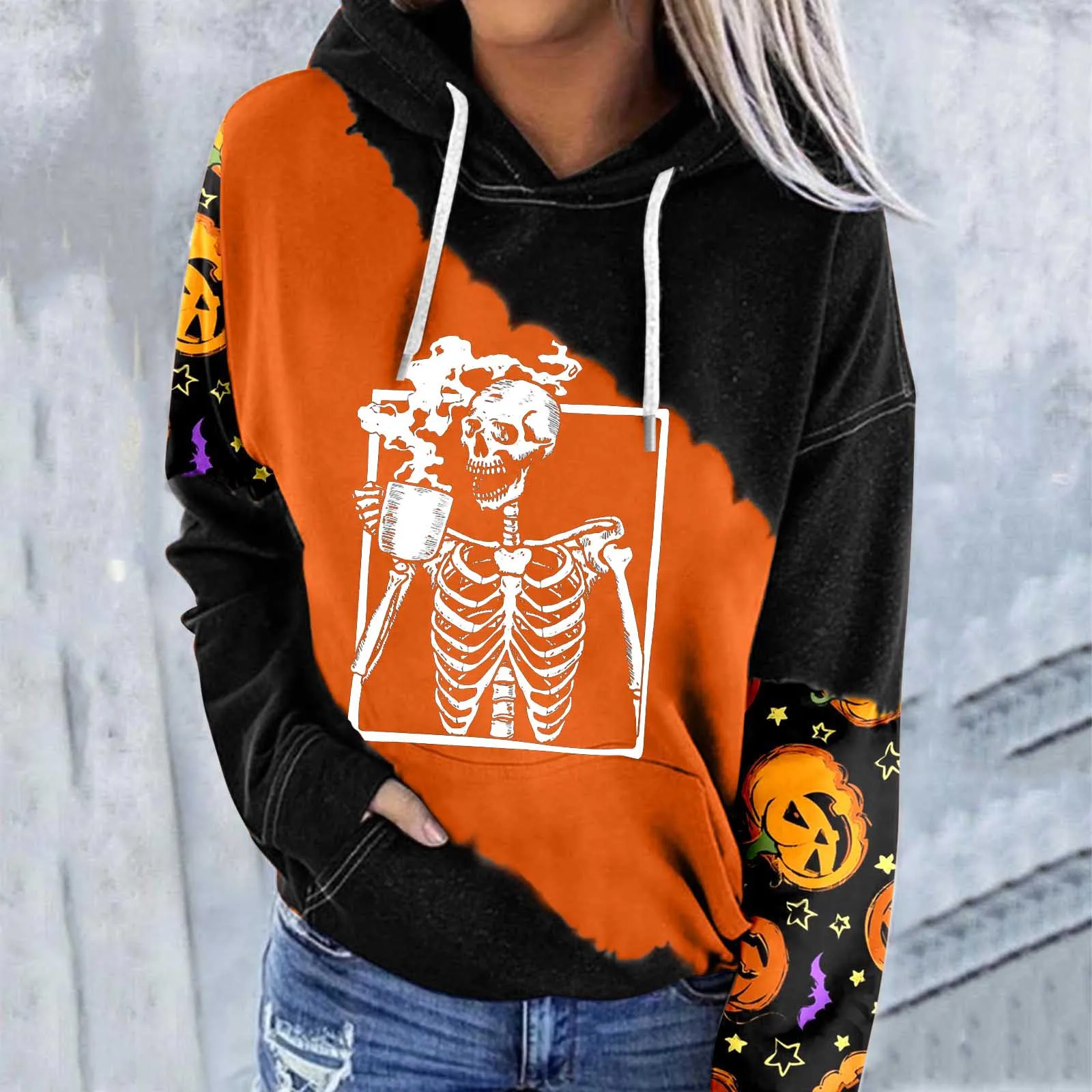 

Autumn Winter Women Hoodie Casual Loose Halloween Skeleton Print Colorblock Long Sleeve Pocket Drawstring Hoodie Vintage Clothes